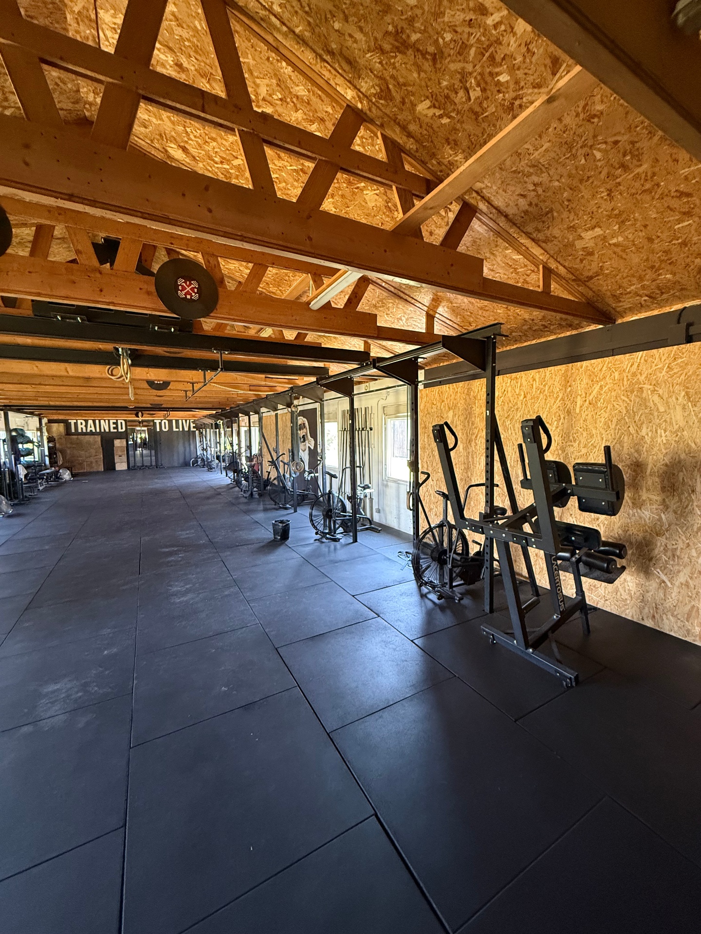 Sala open vista dal lato pesi — tetto in legno