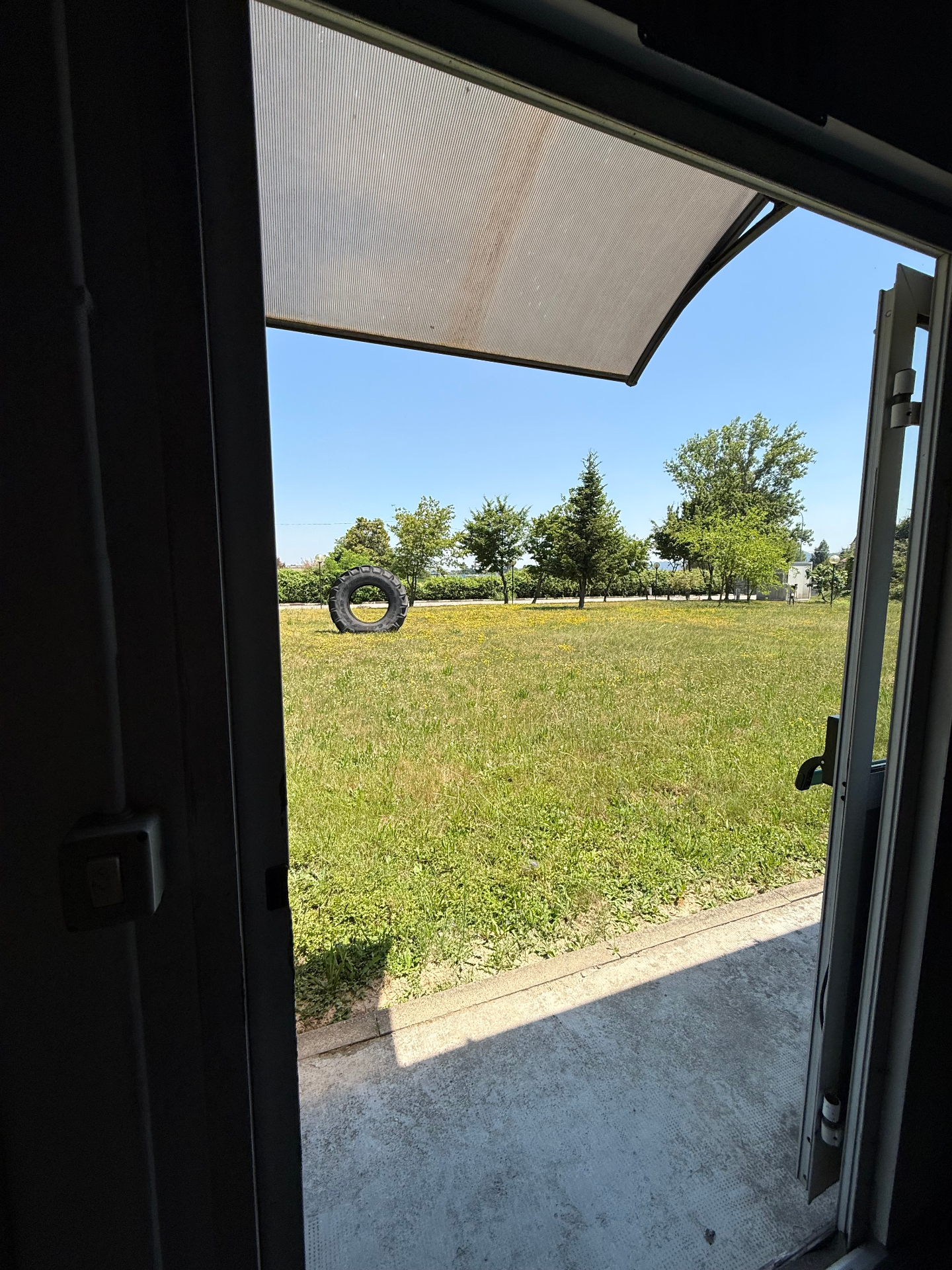 Vista esterna sul prato con tire da allenamento